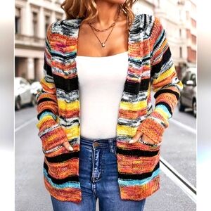 Multi colored Sweater Cardigan with Pockets. Fits like a large